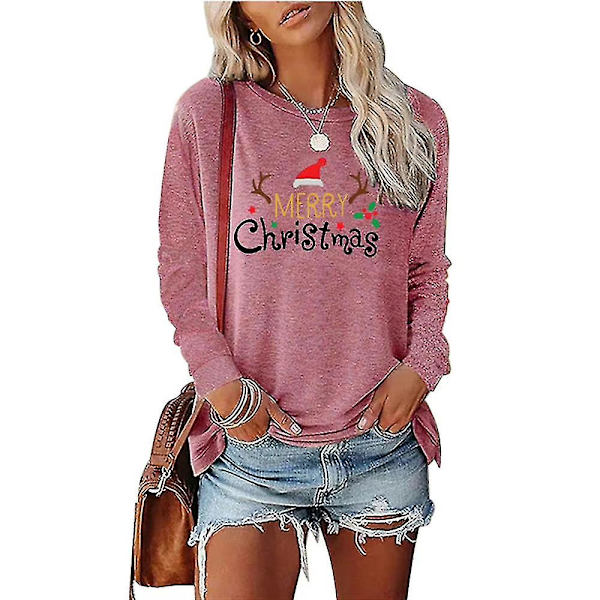 Naisten Merry Christmas Pyöreäkauluksinen Pusero Xmas Pitkähihainen T-paita 1XLPink Pink 1XL