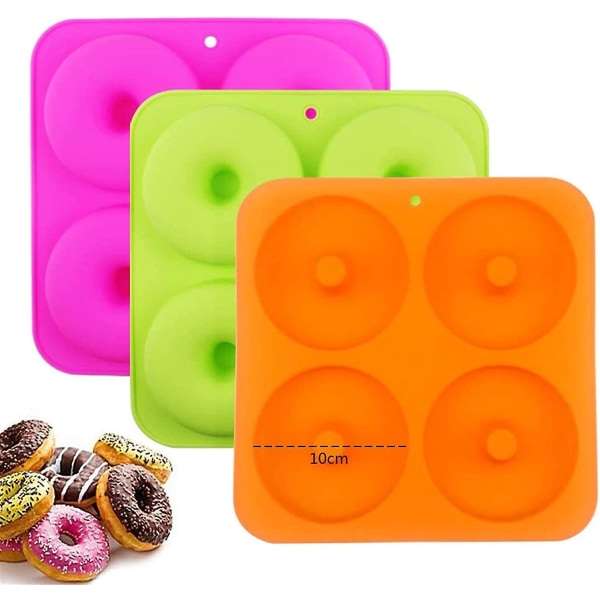 3 stk. 4 tommer Donut Bageform Fuld Størrelse Non-Stick Silikonforme Donutbakker Donutforme, 3 Farver