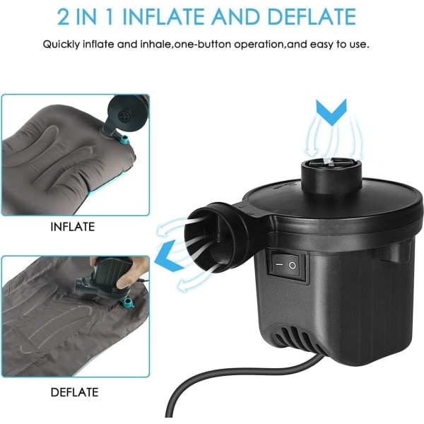 /Ryi/ Elektrisk pumpe, luftpumpe inflator/deflator med 3 dyser, elektrisk pumpe til madras, campingpude, vandmadras, båd, badering