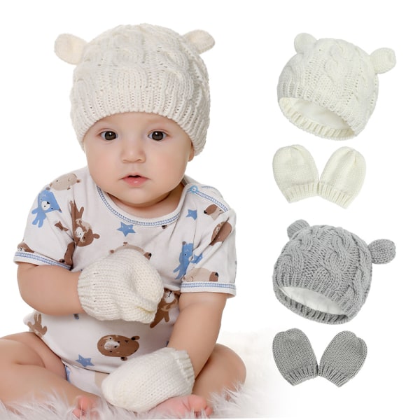 Baby och handskar, Baby Girl Boy Hat Handskar Set Vinterstickade mössor Baby Newborn Mössor för Baby 0-2 månader (L; Vit)