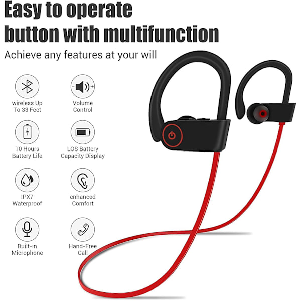 Bluetooth-kuulokkeet, IPX7 vedenkestävät langattomat urheilukuulokkeet mikrofonilla, korvakappaleet, jopa 10 tunnin akun kesto, melunvaimennus