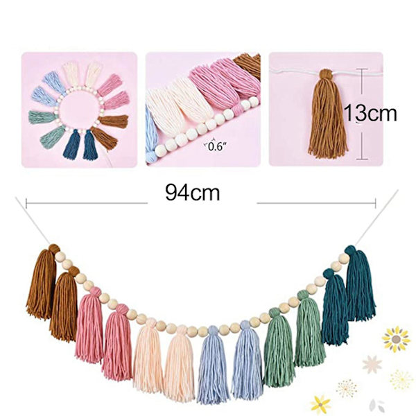 2x Boho-tyylinen tupsu-koriste puuhelmillä, maanläheisissä sateenkaaren väreissä, sopii luokkahuoneeseen, lastenhuoneeseen, juhliin ja lapsille