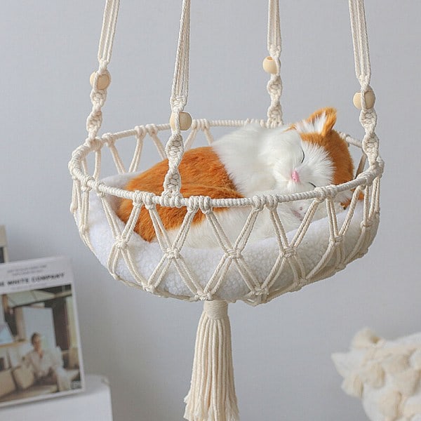 Macramé katthängmatta i trä och vävt bomullsrep för upphängning (30*100cm)_ryy