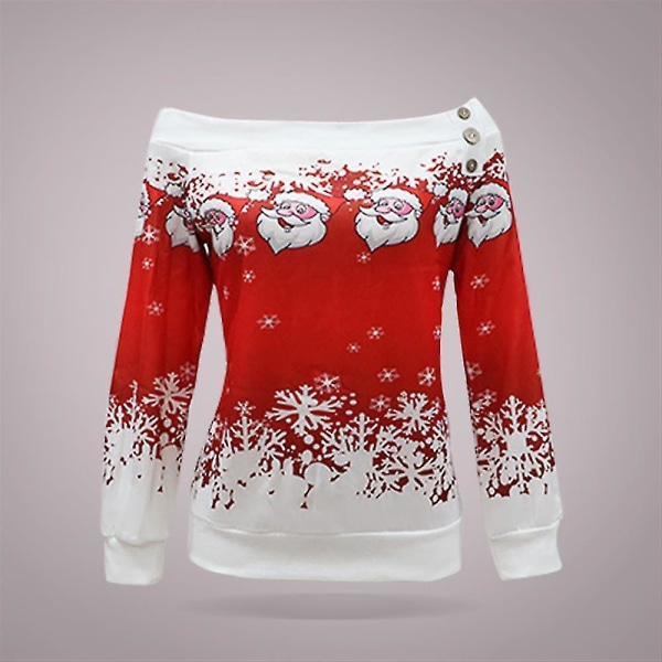 Kvinner Jul Off Shoulder Langermet Pullover Topper Xmas Fleece SweatshirtMRed Red M