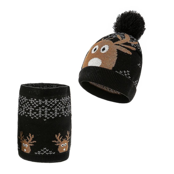 Strikket babylue, skjerfsett, vintervarm beanie for gutter og jenter, svart Black