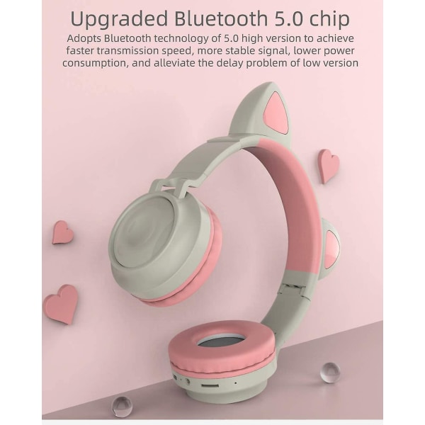 Bluetooth 5.0 Cat Flashing Headphones With Microphone Good Compatibility,noise Cancelling, Three Modes, 360mah Capacity, 15m TransmissionWhite Pink