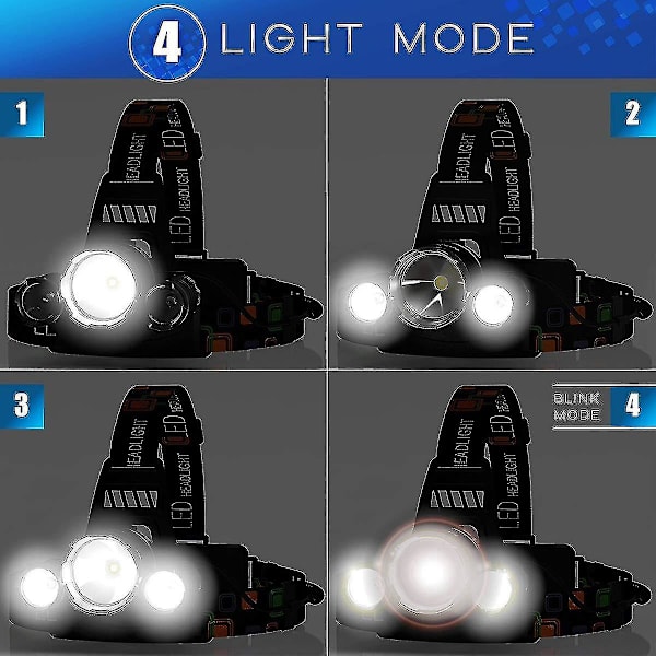 LED-otsalamppu 6000 lumenia, 4 valotilaa, Ladattava 18650 otsalamppu