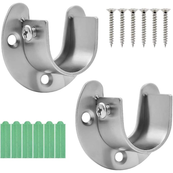 Gardinstangbrakett, sett med 2 rustfritt stål skapstangsbraketter U-formet åpen klemme med skapstangsokler skruer (32,5 mm)