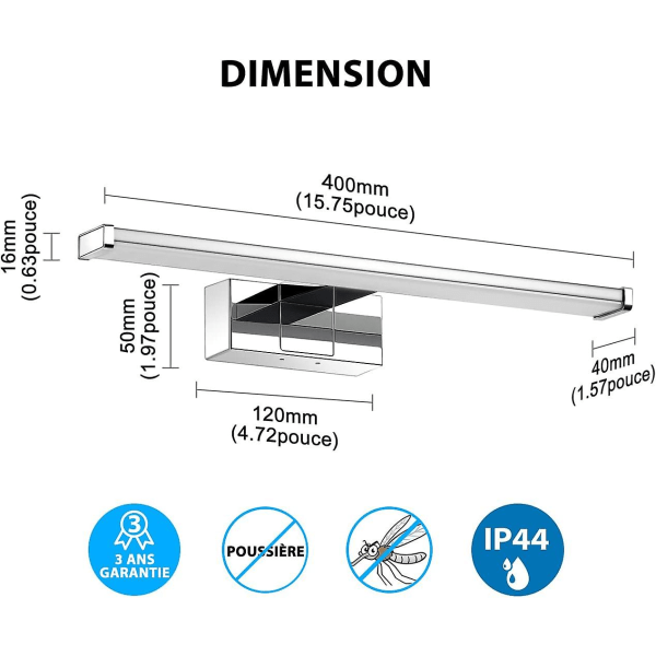 8W 640lm 40cm Badrumsspegellampa, Neutralvit 4000k, Rostfritt Stål IP44, Spegel/Skåp/Väggklämma 400mm, motsvarande 50W.