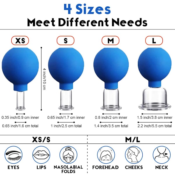 4 stk Glass Facial Cupping Set | Silikon Vakuumsug | Cupping Massasje Terapi | For Øyne, Ansikt og Kropp