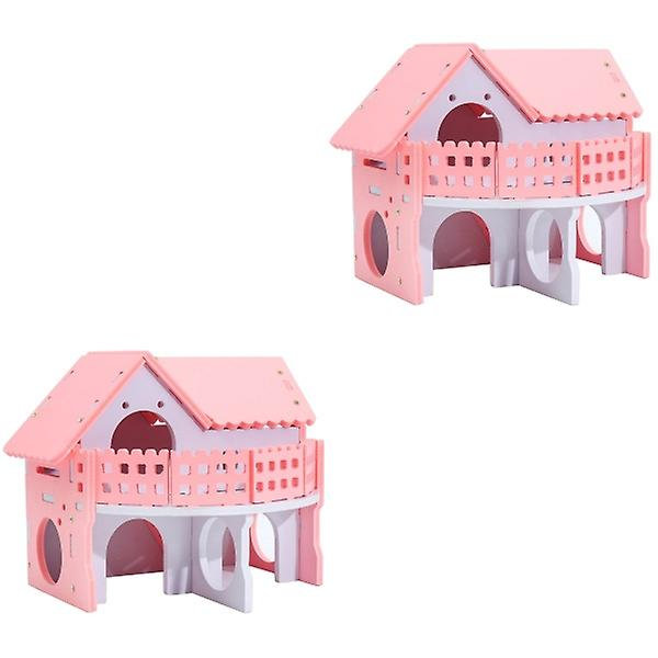 3 st Rosa Trähus för Hamster Ekologisk Dubbelvånings Stege Villa Vinter Varm Färgrik Bräda Säng Hus 2pcs