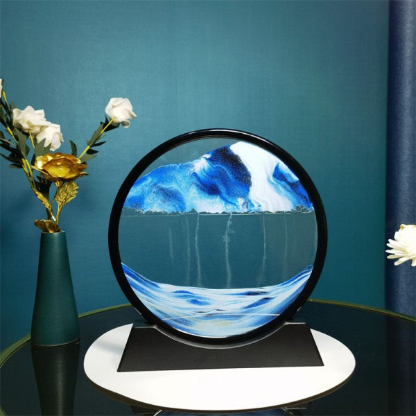 Rörlig sand Konstbildram Rund glassandlandskap 3D djuphavsskärm Rörlig vätska Dynamisk kornfoto Timglasfestpresent (blå)