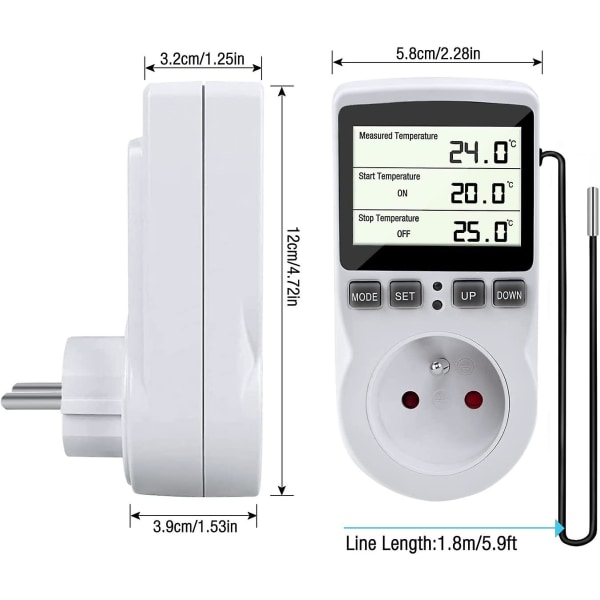 Termostatkontakt, Digital Temperaturregulator, Programmerbar Digital Kontakt med Sonde, Programmerbar Digital Timer, Oppvarmingskontakt for Drivhus, Akvarium