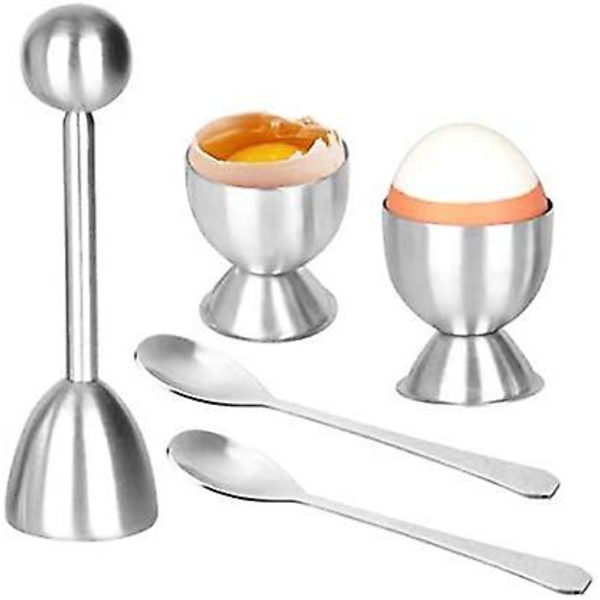 Äggdelare i rostfritt stål med skedar och äggkoppar, för kokta och kokta ägg.