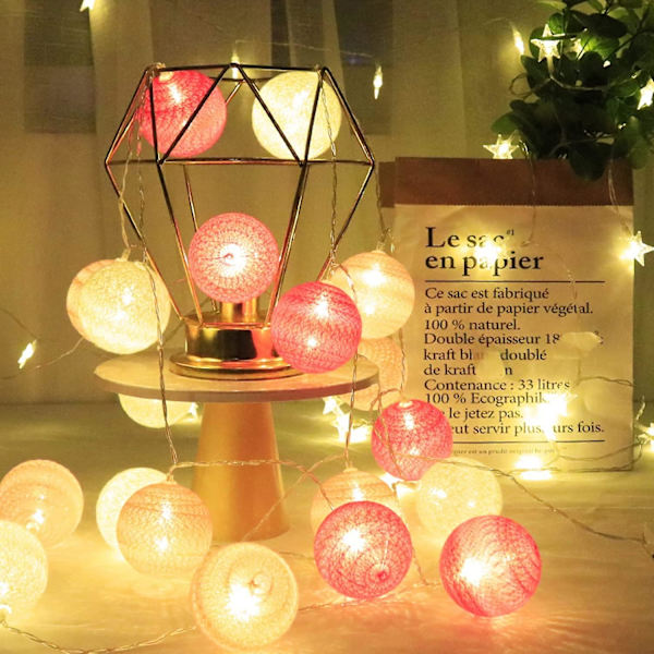 Pink Ball Lysguirlande Soveværelse - Bomuldslysguirlande - 3 M 20 LED-lysstreng - Bærbar LED-lysguirlande til Indendørs