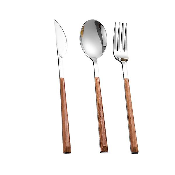 3-delt bestikksett i rustfritt stål, bærbart spisebord, imitert trehåndtak, gaffel, skje, stekkniv, fruktbestikksett (kniv + skje + gaffel)
