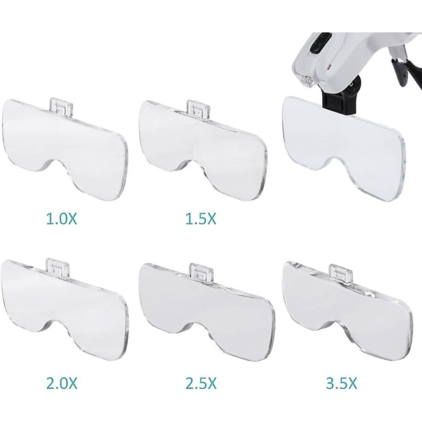 Suurennuslasit 2 LED-valolla 5 linssin suurennuslasit säädettävät, vaihdettavat, 1.0x, 1.5x, 2.0x, 2.5x, 3.5x kangaspuhdistus töihin