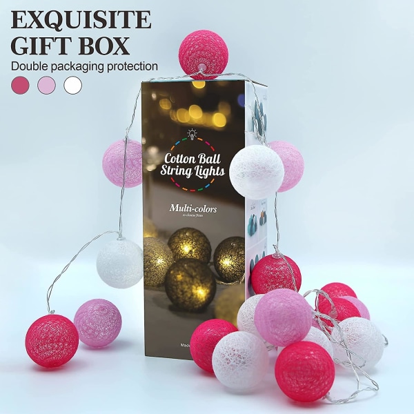 Pink Ball Lysguirlande Soveværelse - Bomuldslysguirlande - 3 M 20 LED-lysstreng - Bærbar LED-lysguirlande til Indendørs