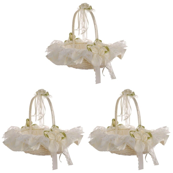3 st Bröllopsblomsterflickebasket Lace Brudkorg För Bröllopsceremoni Fest Dekoration (Mjölkvit) 3pcs
