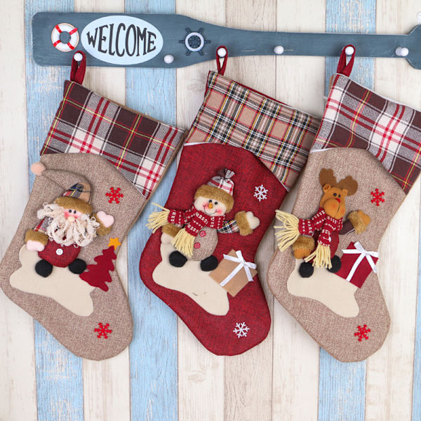 Julstrumpor, 3-pack julgåvosäckar, hängande julstrumpor med tomte, ren och snögubbe juldekoration för eldstadsträ