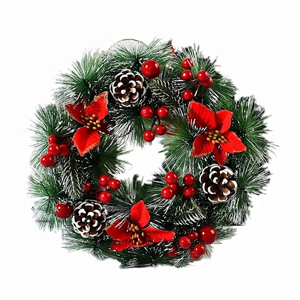 2 stk Julekrans til inngangsdør og vindu, Juletre kunstig krans med sløyfe, bjeller, hjort, røde bær, blomster, gaver
