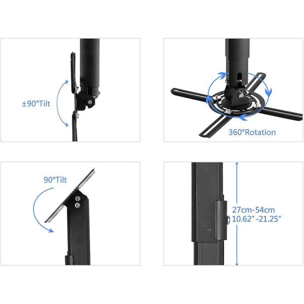 Universaali Projektorin Kattoasennusteline Sopii Tasaiselle Tai Kaltevalle Katolle, Korkeussäädettävissä Laajennettavalla Pituudella LCD/DLP-Projektoreille Musta Pr05b