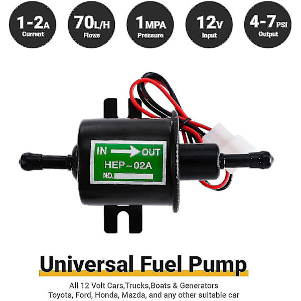 Universal 12V Elektrisk Bensinpumpe - 4-7psi Strøm 1,0-2,0A Inn- og Utgang Diameter 8mm (5/16\") Ekstern Pumpe