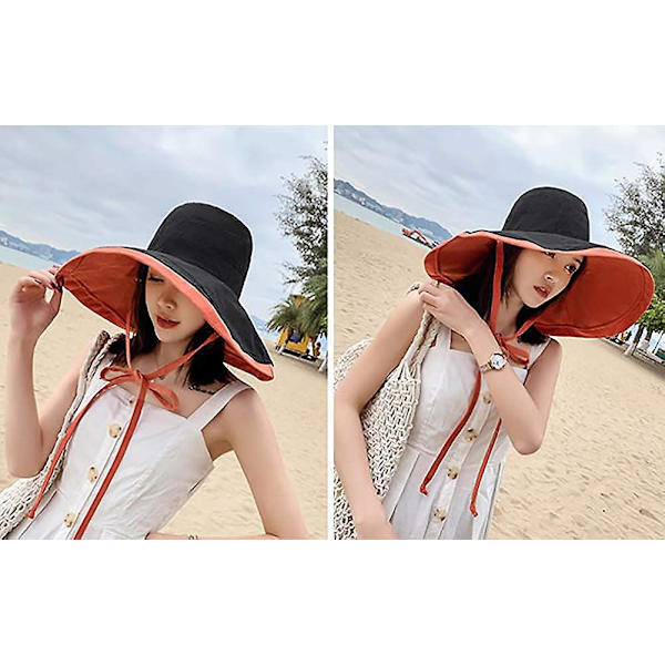 Solhatt för kvinnor med bred brätte, UPF 50+, sommarhatt, hopfällbar, floppy strandmössa för kvinnor, orangeröd Orangered