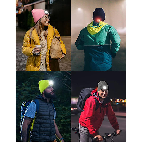 Hettelue med LED-lys foran, hodelykt med 3 lysstyrker, strikket lue med lys for jogging, camping, sykling
