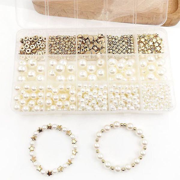 Pärlor för smyckestillverkning, pärltillverkningssats, vita pärlor och gyllene bollhjärta stjärna platta distanspärlor tillverkningssats för DIY halsband armband örhänge DIY