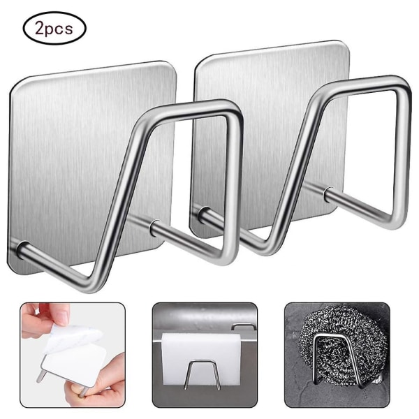 2 Pieces Sponge Holder Self-adhesive Kitchen Sink Holder Clothes Hooks, With 2 Pieces Transparent Adhesive Hooks Without Drilling Stainless Steel