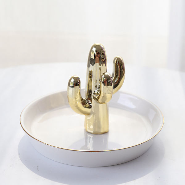 Smykkeorganisator Smykkedisplay Stativ Elefant Skulptur Ringeholder Keramikplade til Halskæder, Armbånd og Øreringe Guld Kaktus