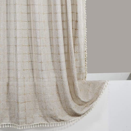 Stof badeforhæng med kvaster, vandtæt vaskbart linnedlook ternet design, 72 x 79 tommer Boho bondegårdsbadeværelsesindretning til badekar, beige