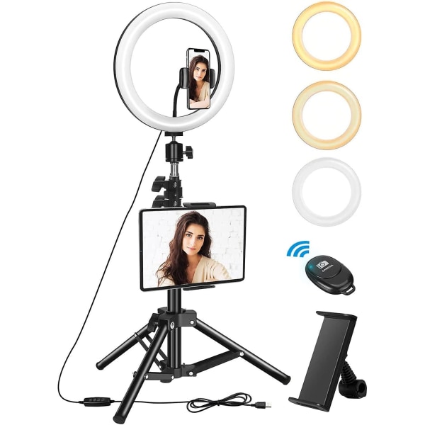 10\" Ringlys 1.34m Bluetooth Ringlys Med Stativ Stor 128 LEDer 3 Farger 10 Intensiteter Ringlys Med 360 Justerbart Stativ For Tablet/telefon/ph