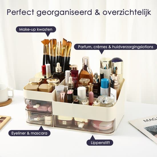 Makeup Organizer med 3 Skuffer, Multifunktionel Opbevaring til Hudpleje til Toilettet, Badeværelset, Soveværelset, Beige