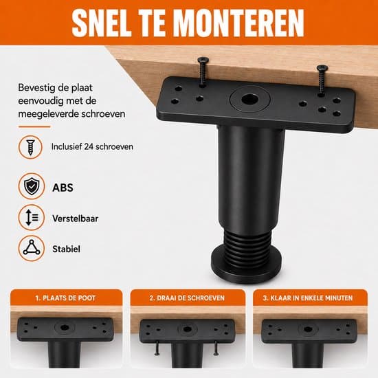 Justerbare Møbelben Sæt med 4, 15-25 cm Sorte ABS Erstatningsfødder med Skruer til Seng Sofa Skab Bord Boxmadras DIY Møbler