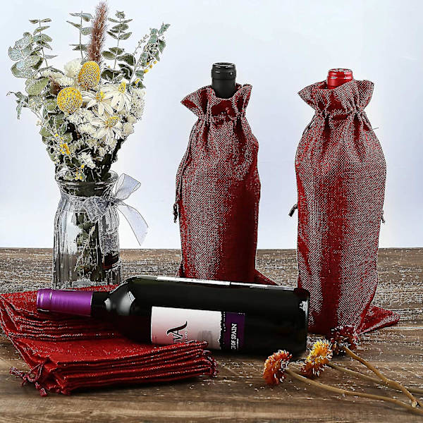 12 X Vinpåsar Röda Juteväskor Flaskväskor Tyggkassar Presentpåsar För Vinflaskor Champagneflaskor, 16 X 36 Cm