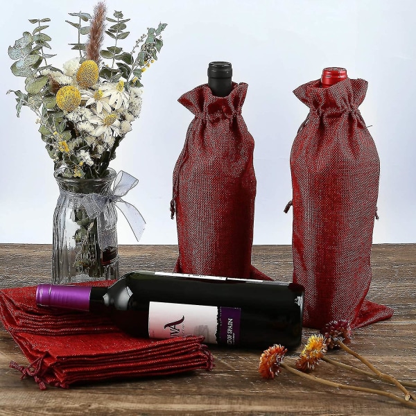 12 X Vinposer Røde Jute Poser Flaskeposer Stoffposer Gaveposer For Vinflasker Champagneflasker, 16 X 36 Cm