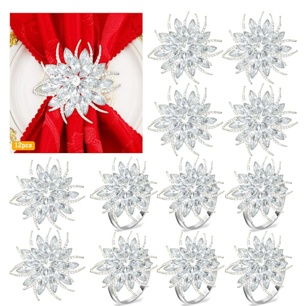 Bling Metal Servietringe Sæt af 12, Elegant Legering Diamant Snefnug Serviet Ring Dekoration Gaver til Bryllupper, Receptioner (Sølv)