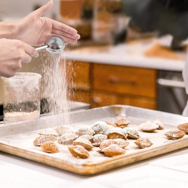 Støvbørste med fjærbetjent håndtak, rustfritt melsifter, sukkerrist, liten te-lekkasje, støvbørster for mel og krydder, baking