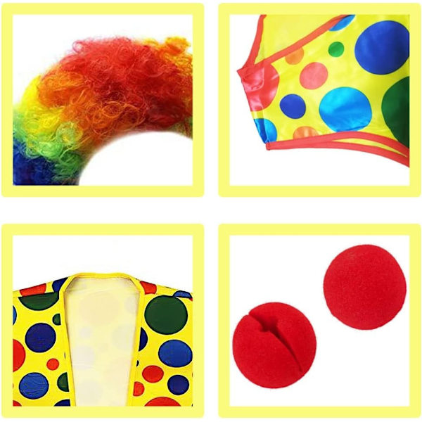4-pack Clowndräktset - Regnbågsperuk + Clownsnäsa + Clownsväst för Halloween Cosplayfester Karnevaler Klä upp sig Rollspel Favoritföreställning