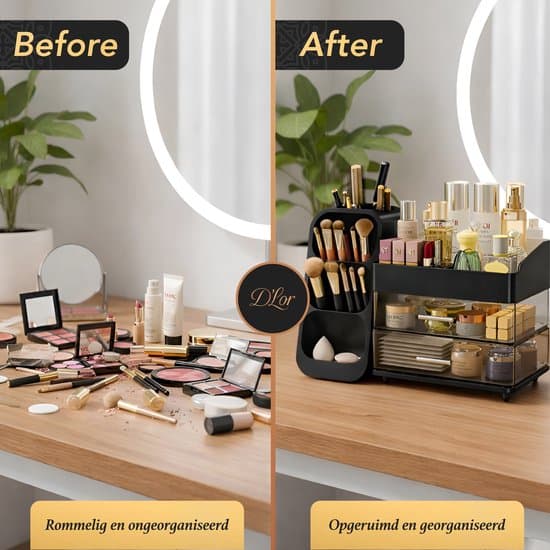 Makeup Organizer med Skuffer og Rum, Kosmetikopbevaring til Hudpleje, Parfume og Børster, til Badeværelsesvask, Sort