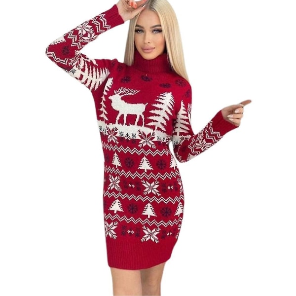 Dam Jul Crew/Hög Hals Bodycon Jumper Jul Mini Klänning LRed-Hög Hals Red-High Neck L