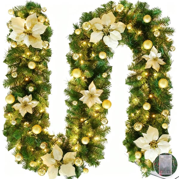 Juleguirlande med 30 LED-lys, kunstige PVC-grene, til dør, pejs og trappe, guld, 1,8 m