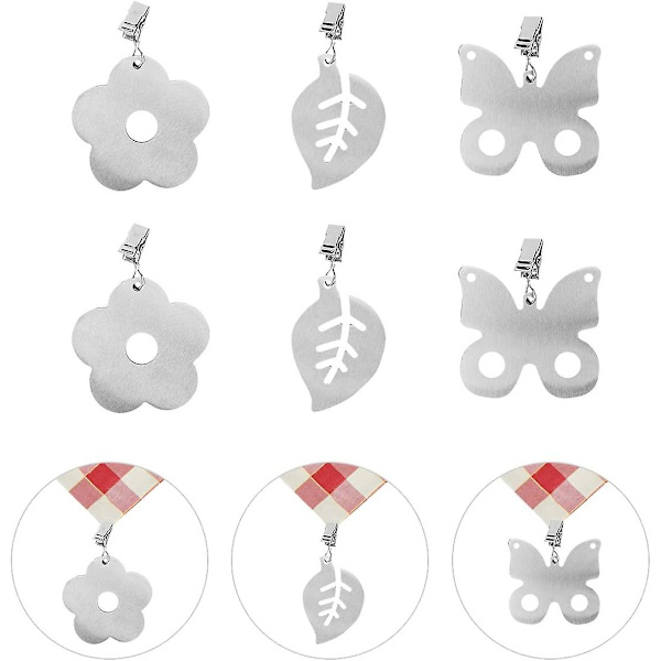 Dugclips, 6 stk. Dugvægte med Clips, Rustfrit Stål Dugvægte til Restaurantfester Picnic Have (3 Forskellige Designs