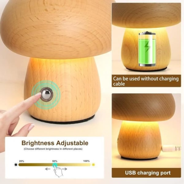 Sänglampa i form av en svamp Liten träsvamplampa, USB-laddare, bordslinne Original träfärg