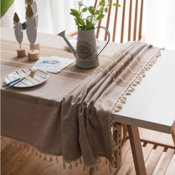 Enkel stripete duk, skjøting av bomull og lin Støvtett bordmatte, dekorasjon til hjemmekjøkken rektangulær duk (140*220 cm, brun)