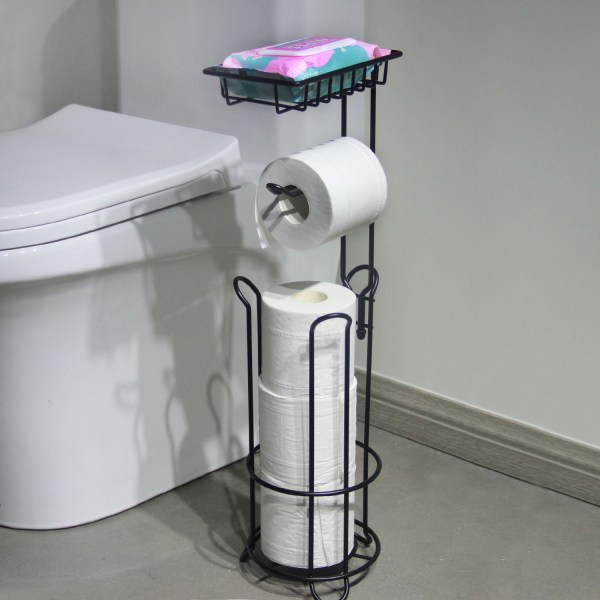 Toalettpappershållare Toalettpappersställ med hylla Fristående hållare för toalettpappersrulle med metalltoalettpappersdispenser S
