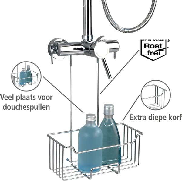 WENKO Milo Hængende Brusekurv, Borefri Brusehylde i Rustfrit Stål til Shampoo og Sæbe, Rustfri Over Brusehoved Organizer, 25 x 36 cm, Krom