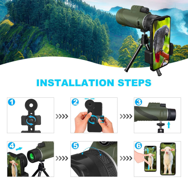 50x60 Monokular Teleskop for Voksne med Smartphone-adapter Stativ Håndstropp, Lett Høy Effekt Prisma & Linse Monokularer